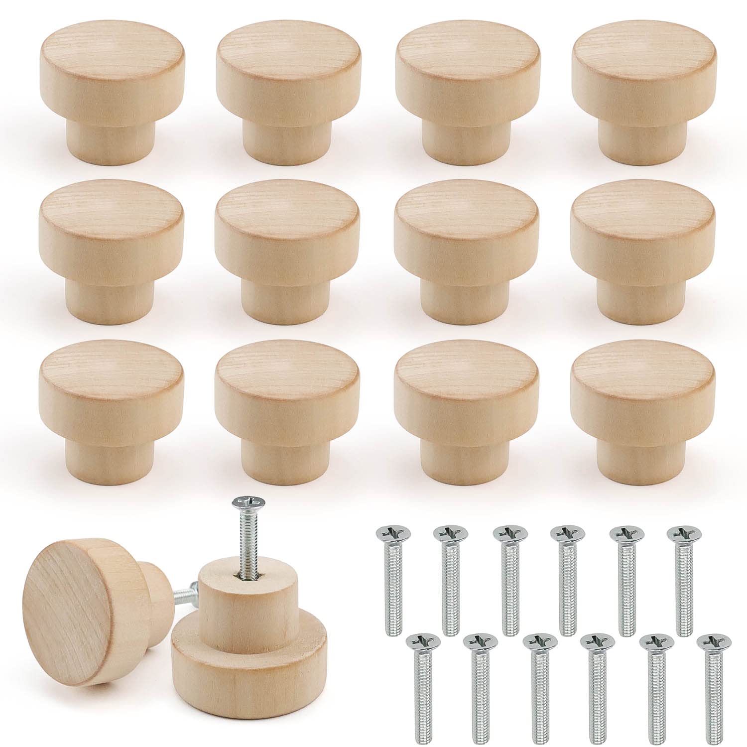 FYSL Wood Drawer Knobs - 12 PCS Round Wooden Cabinet Knobs for Cupboard, Wardrobe, Furniture, Kitchen