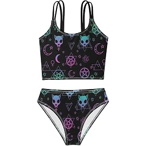 Sletora Goth Cat Skull Girls Swimsuit 2 Piece Bathing Suits Cute Bikini Tankini Sets for 5-12 Years