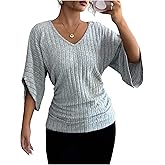 Milumia Women's Textured V Neck Half Sleeve T Shirt Ribbed Knit Ruched Cinched Wasit Tops