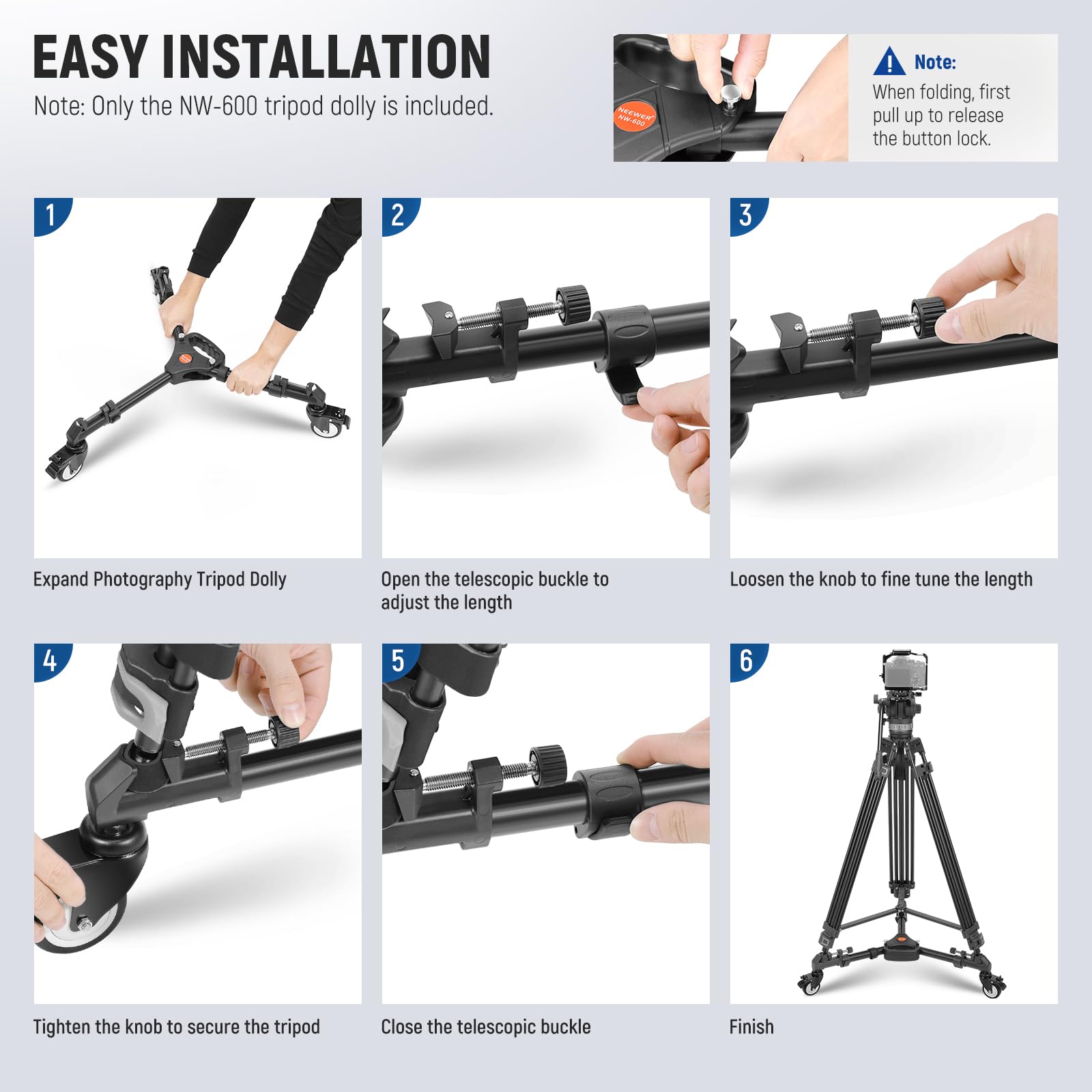 NEEWER Photography Tripod Dolly, Heavy Duty 50lbs Capacity Tripod Wheels with 3