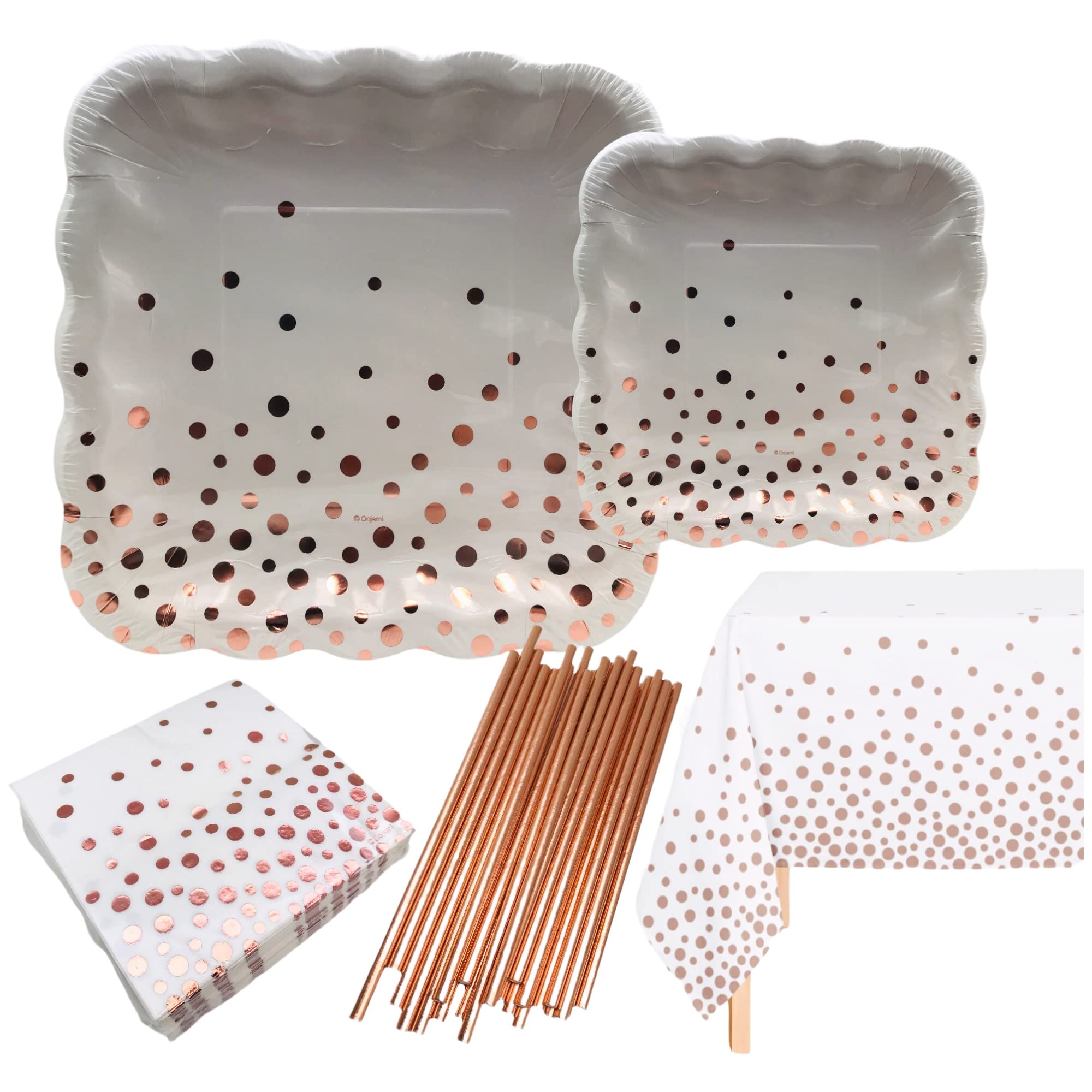 Photo 1 of 24 guest Complete Party Pack Rose Gold Polka Dot Foil Party Supplies Party Tableware Foil Paper Plates Napkins Straws, Table Covers for Weddings, Anniversary, Birthday
