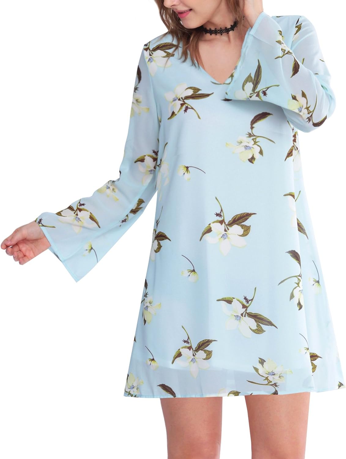 Zattcas Womens Floral Tunic Dress Flare Bell Sleeves Casual Loose T