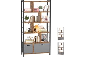 ARMOCITY 74 Inch Tall Bookshelf, 6 Tier Bookcase with Drawers, Modern Book Shelf Display Standing Shelf Units with Storage, Wood and Metal Bookshelves for Living Room, Bedroom, Home Office, Rustic Brown
