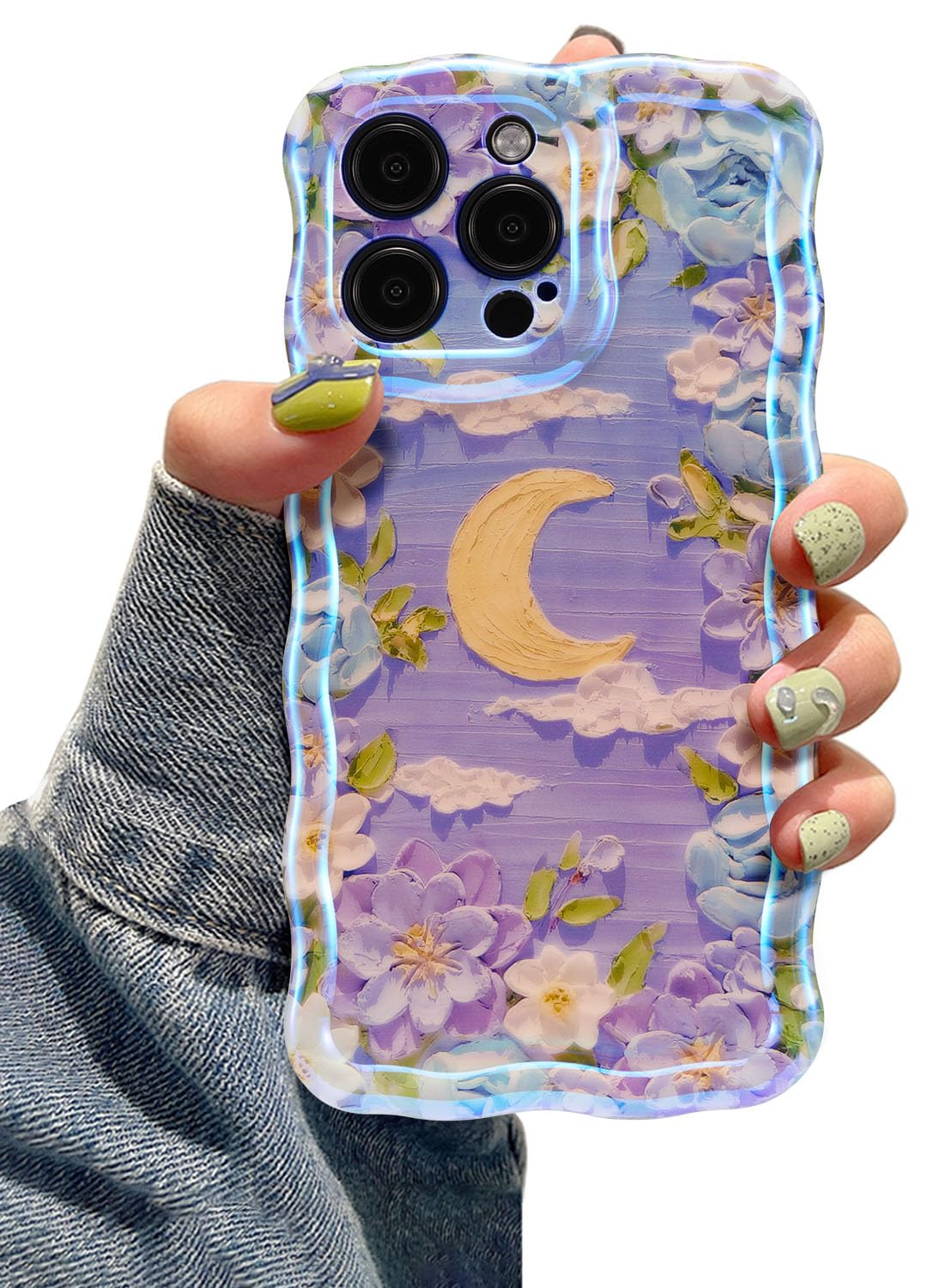 EYZUTAK Case for iPhone 15 Pro, Colorful Retro Oil Painting Flower Moon Pattern Laser Cute Curly Wave Edge Exquisite Phone Cover Stylish Durable TPU Protective Case for Girls Women - Purple White