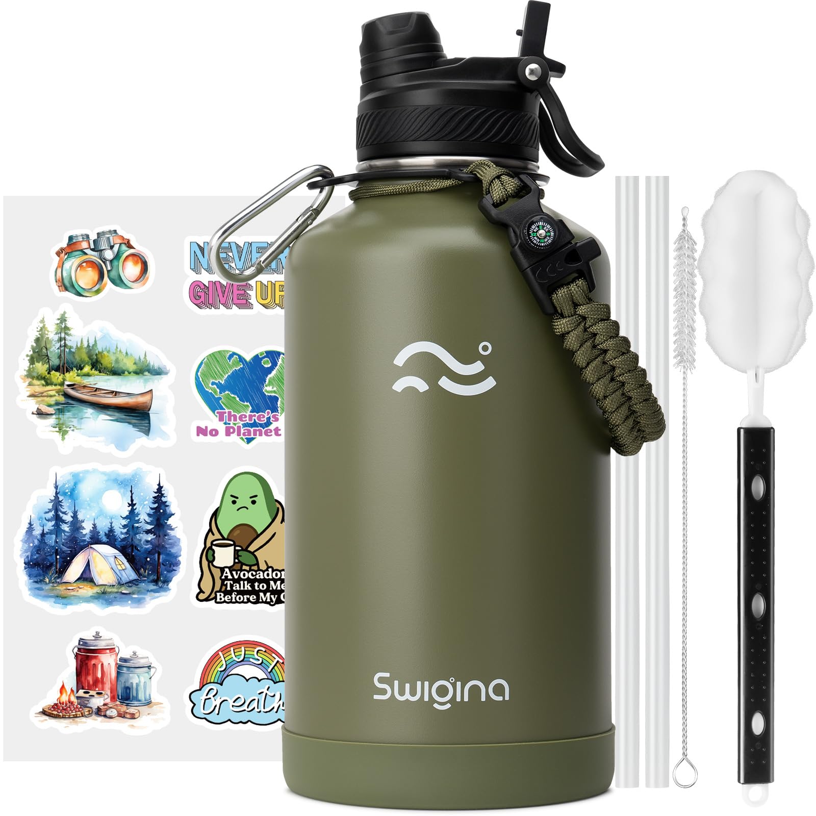 Swigina [2-IN-1 LID] 64 oz Insulated Water Bottle with Silicone Boot (48hrs Cold/24hrs Hot) - DIY Stickers, Leakproof, BPA Free, Half Gallon Image
