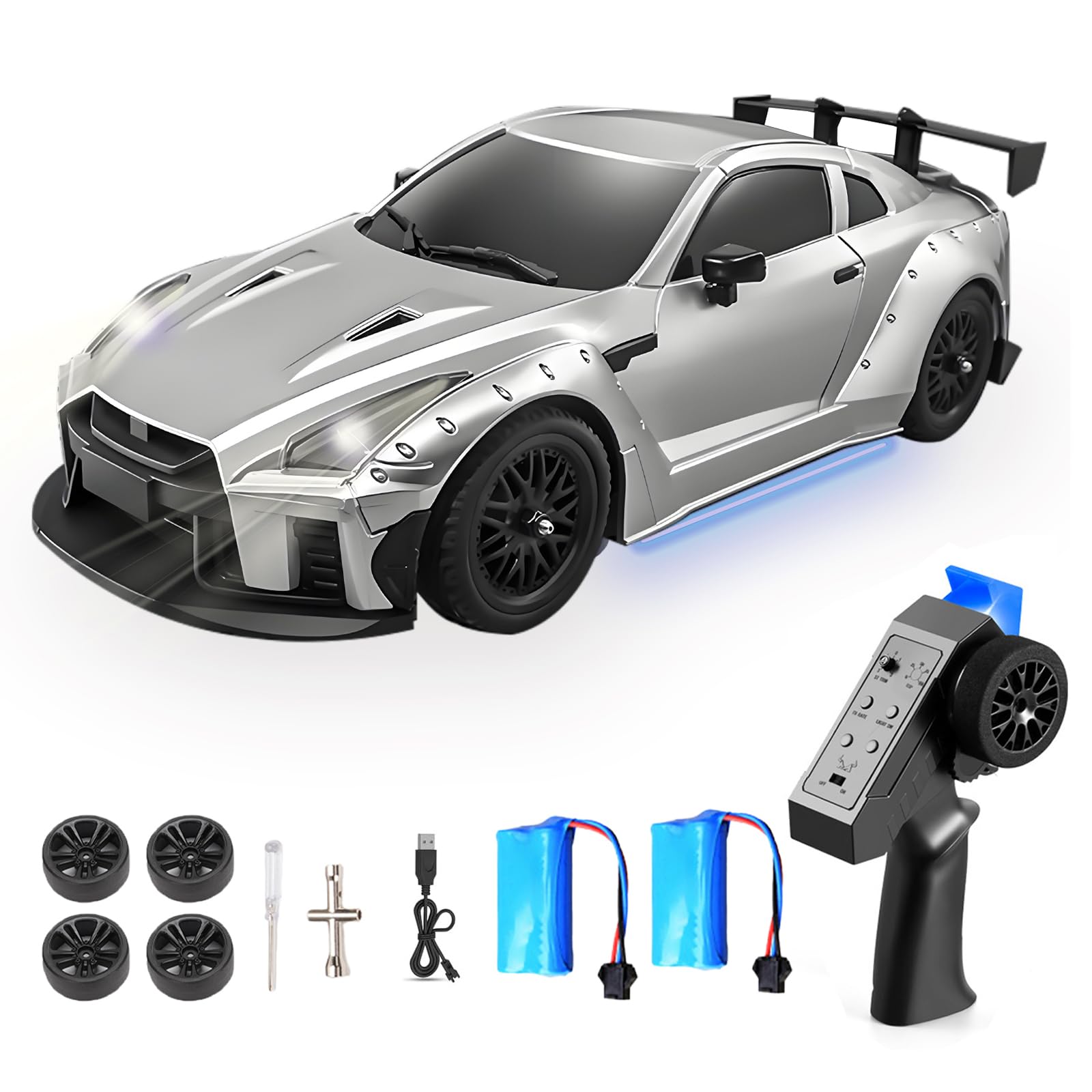 Hylukon MN-268 RC Drift Car, 1:16 Scale High Speed 20 KM/H Racing Drift Car with Gyro, LED Lights and Drift Tires, 2.4G Hobby RC Cars for Adults and Teens (2 Batteries)
