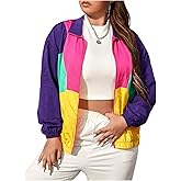 OYOANGLE Women's Plus Size Zip Up Casual Lightweight Color Block Bomber Jacket Patchwork Sporty Windbreaker Jacket