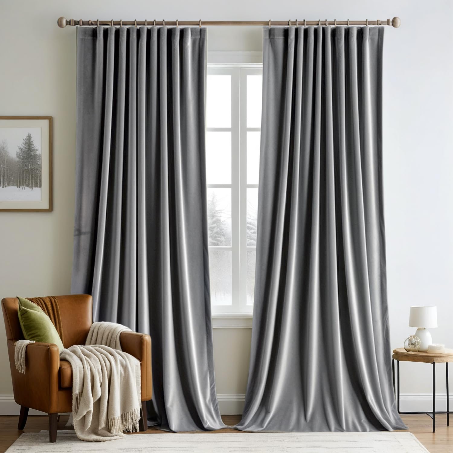 MIULEE Grey Velvet Curtains 108 inches Long 2 Panels - Luxury Pinch Pleated Room Darkening Window Drapes for Bedroom Living Room Thermal Insulated Super Soft Blackout, Back Tab Rod Pocket Gray Image