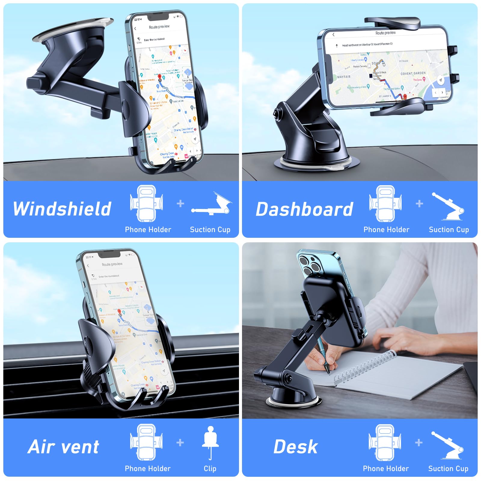 Blukar Car Phone Holder, Adjustable Car Phone Mount Cradle 360° Rotation - 4 in 1 Super Stable for Dashboard/Windscreen/Air Vent, One Button Release for All 4.7 to 6.7 inch Smartphones