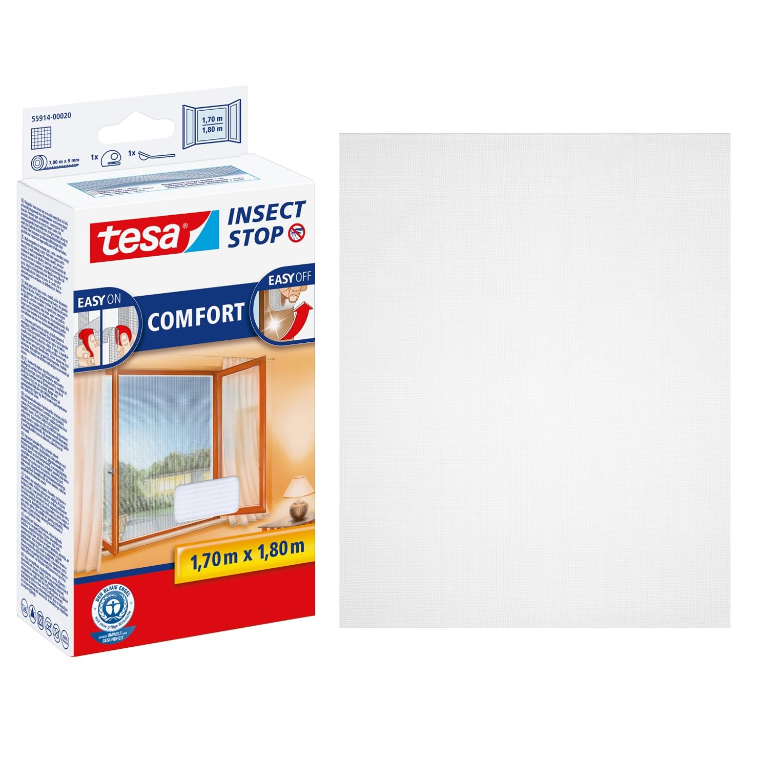 tesa Insect Stop COMFORT for Windows - Window Screen with Self-Adhesive Hook & Loop - Insect Mesh - in White, 170 cm x 180 cm — image 1