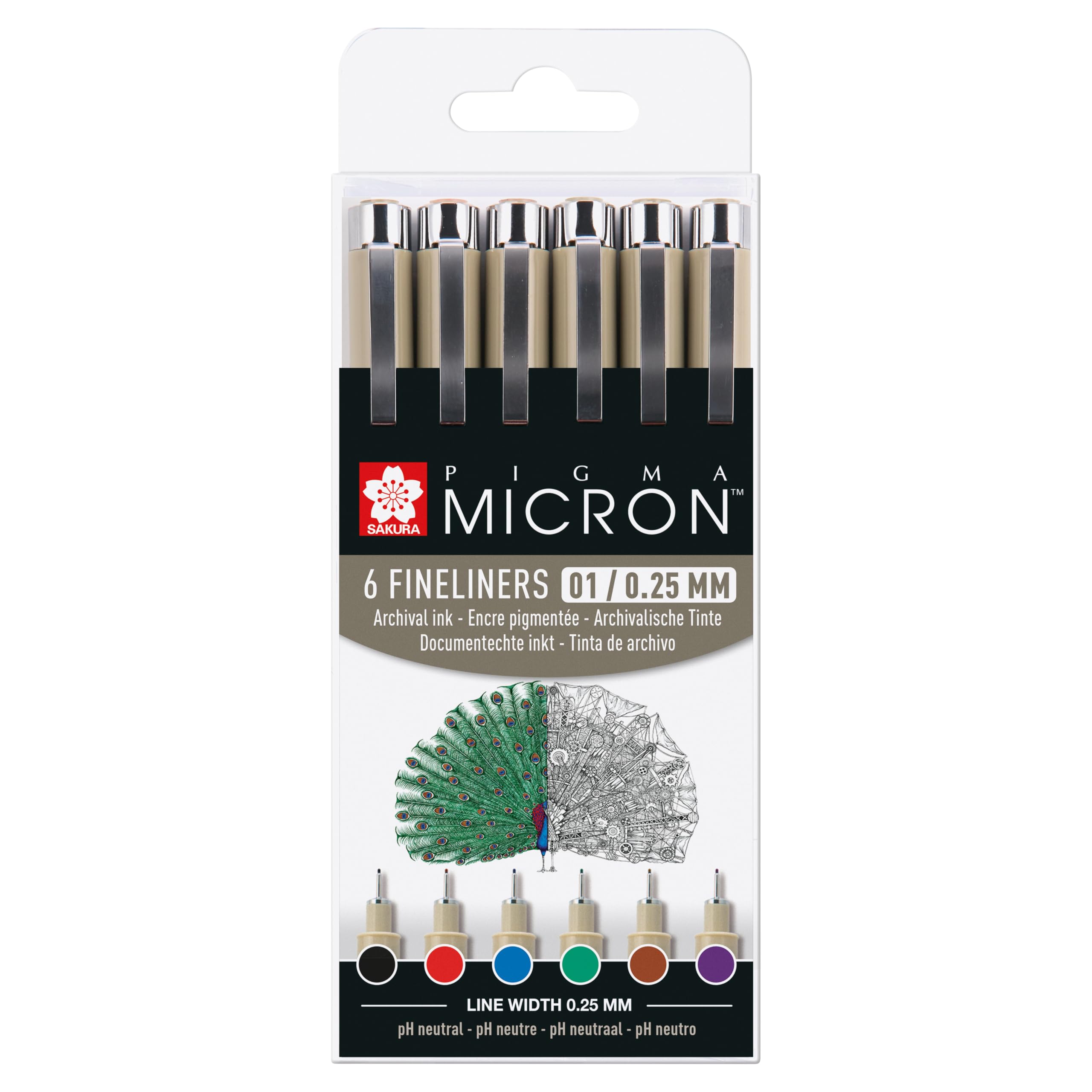 SAKURA Pigma Micron 01 Fineliner Set - 6 Colours - 0.25 mm Pens - Permanent Waterproof Ink for Artists & Designers