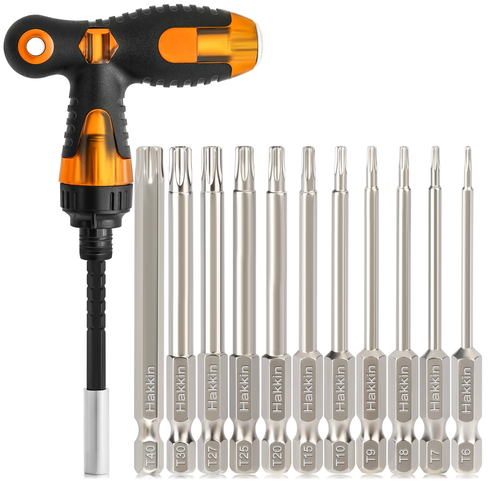 13Pcs Torx Screwdriver Sets Hakkin Torx Bit Set with Ratchet Screwdriver 75mm Torx Security Bit Set S2 Steel T6-T40 Magnetic Tamper Proof Bits for Screwdrivers, Impact Drill, Ratchet Wrench etc