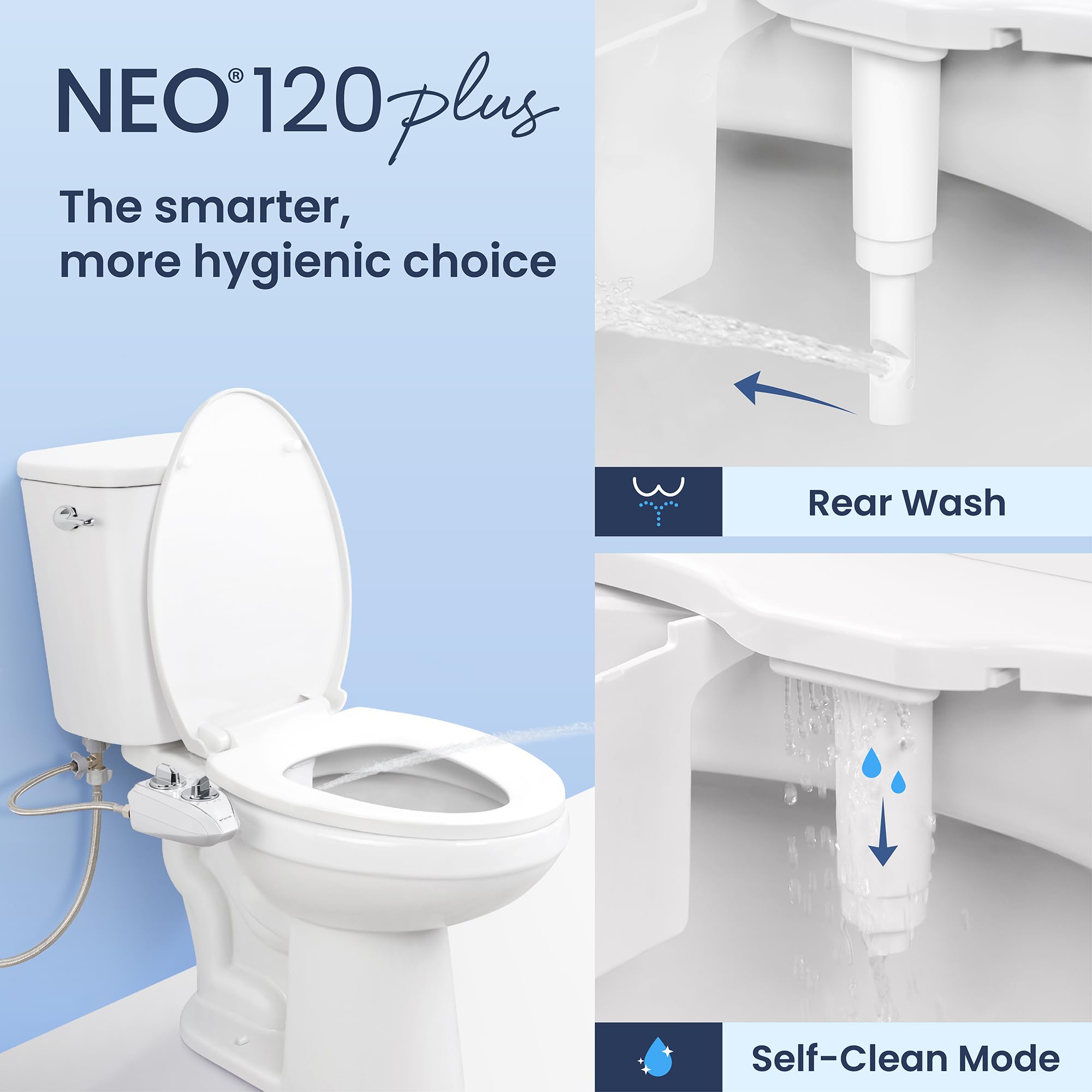 LUXE Bidet NEO 120 Plus - Single Nozzle, Non-Electric Bidet Attachment for Toilet Seat, Patented Slide-In Install, 360° Self-Clean, EZ-Lift to Clean, Rear Wash (Chrome)