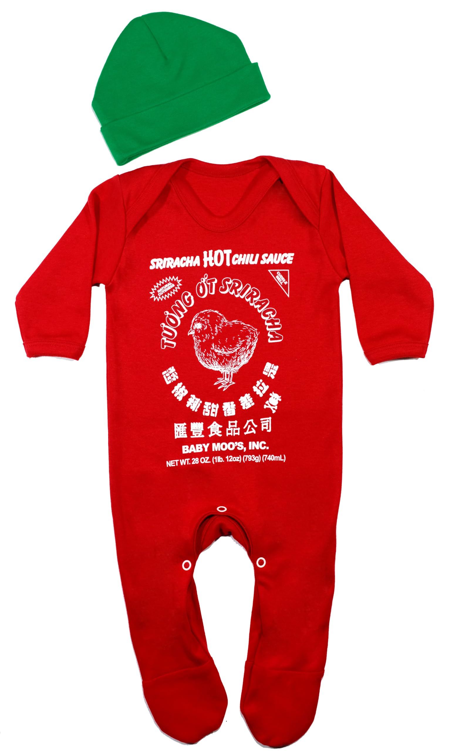Baby Moo's SRIRACHA Baby Sleepsuit & Hat Set for Boys or Girls | Novelty Funny Cute Chili Sauce Romper Outfit - New baby or Parents Gift or Dress Up Idea UK (0-3 months) Red