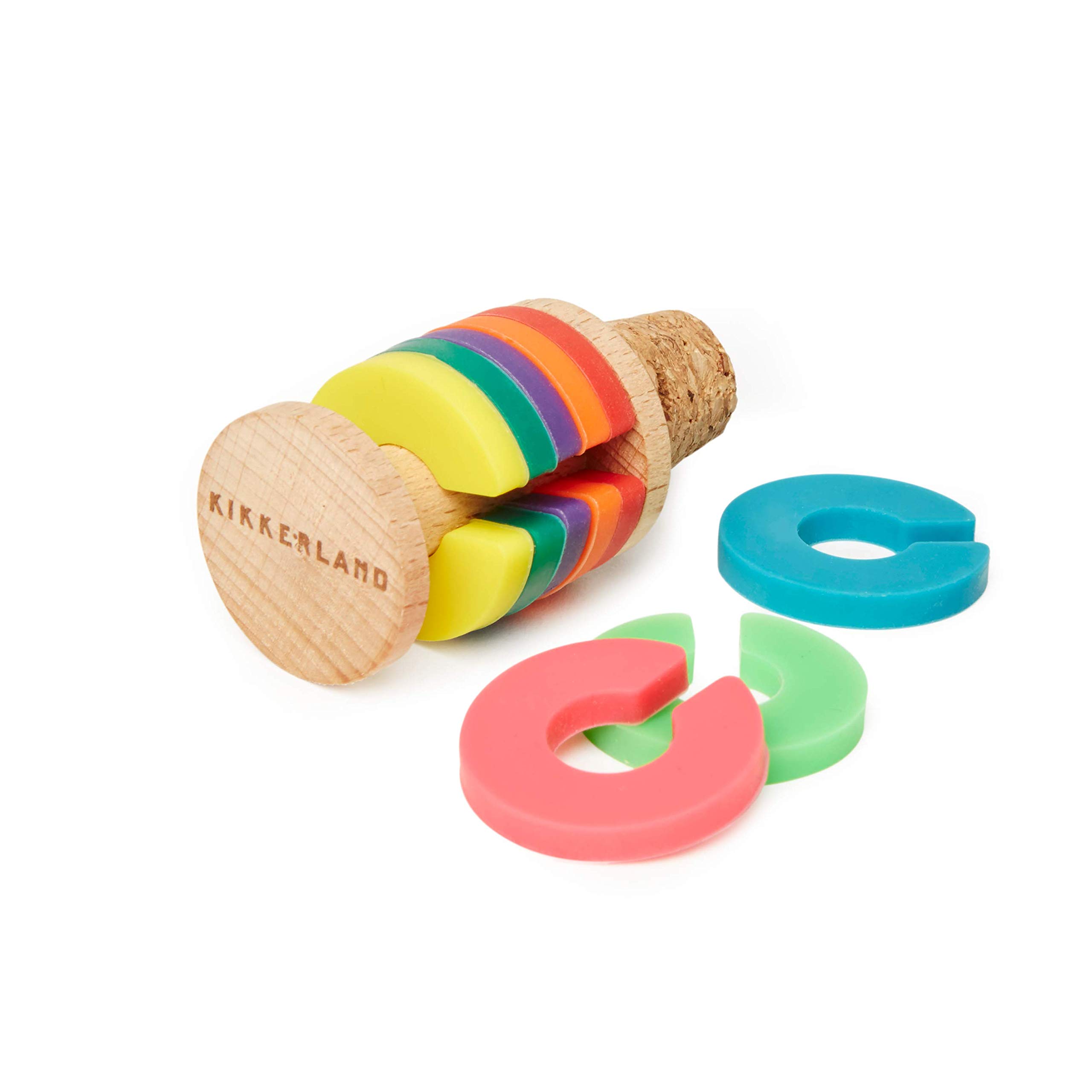 Kikkerland – Rainbow Wine Rings & Stopper - Multi Colour Drink Markers with Cork Stopper - 9 Piece