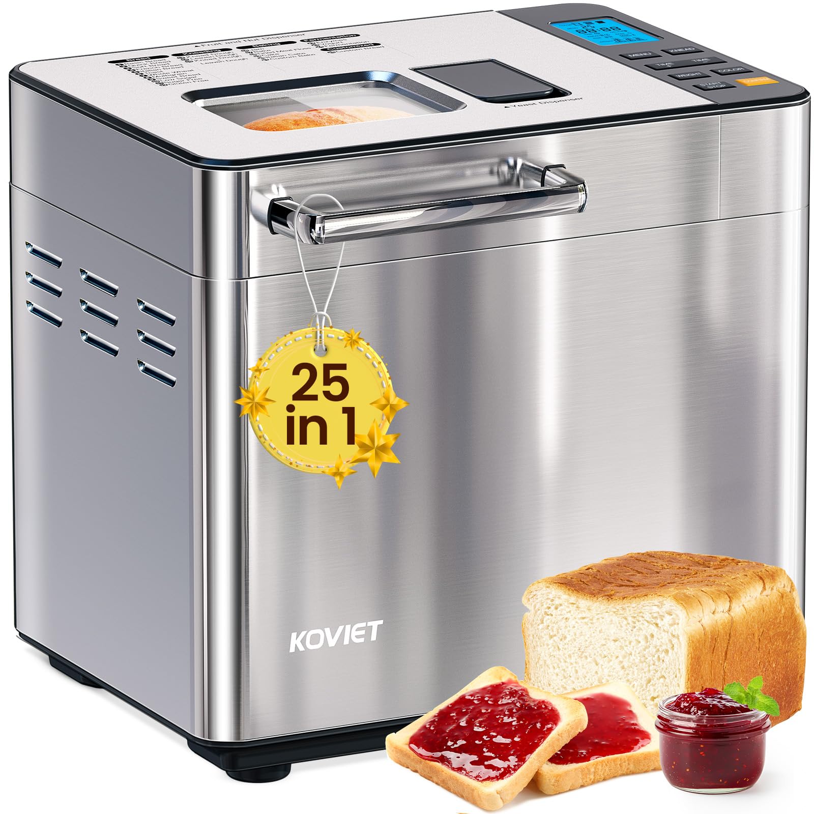 Photo 1 of ** USED/ DAMAGE MINOR*** KOVIET 25-in-1 Bread Maker Machine with Automatic Dual Dispenser, 2LB Stainless Steel Breadmaker with Gluten-Free, Dough, Jam, Yogurt etc Settings, Silver