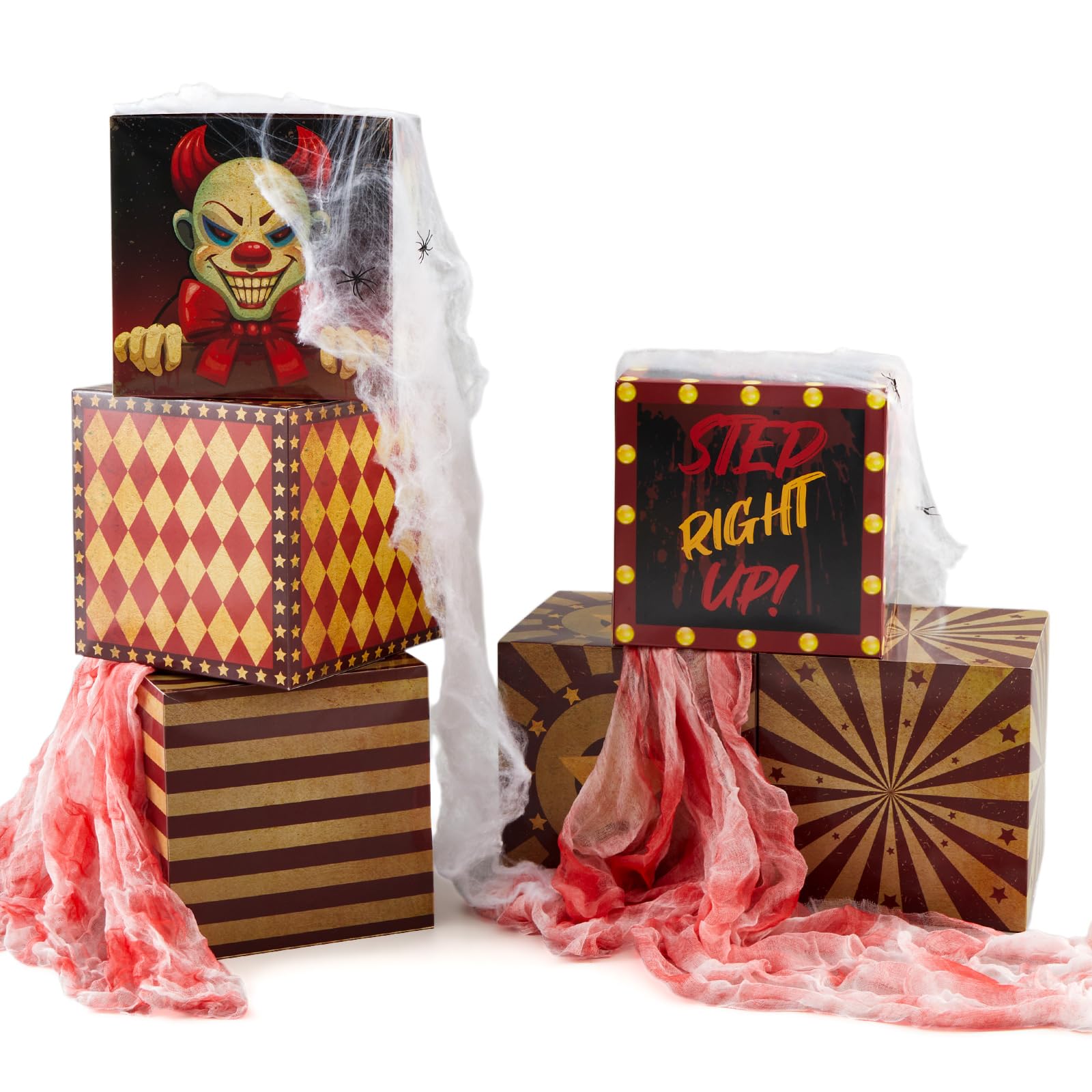 Photo 1 of Saypacck 8 Pcs Large Halloween Horror Carnival Decorations Circus Clown Box Blood Gauze Spider Web Outdoor Horror Circus Party Box Mardi Gras Theme Party for Haunted House Supplies (Playful Clown)