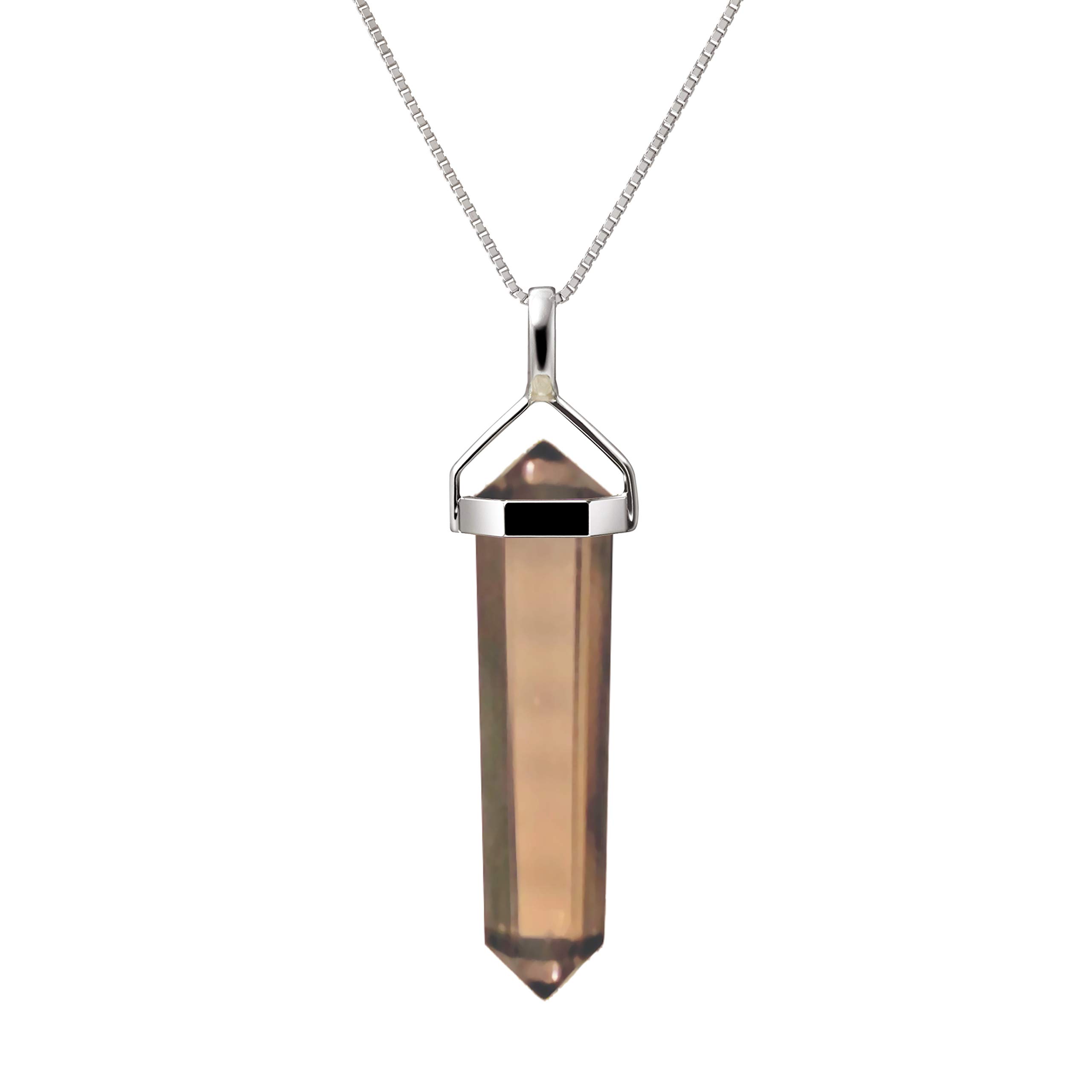Franki Baker Natural Smoky Quartz Gemstone & Sterling Silver Double Point Pendant Necklace. Pendant Length: 4.5cm. Chain Length: 50cm