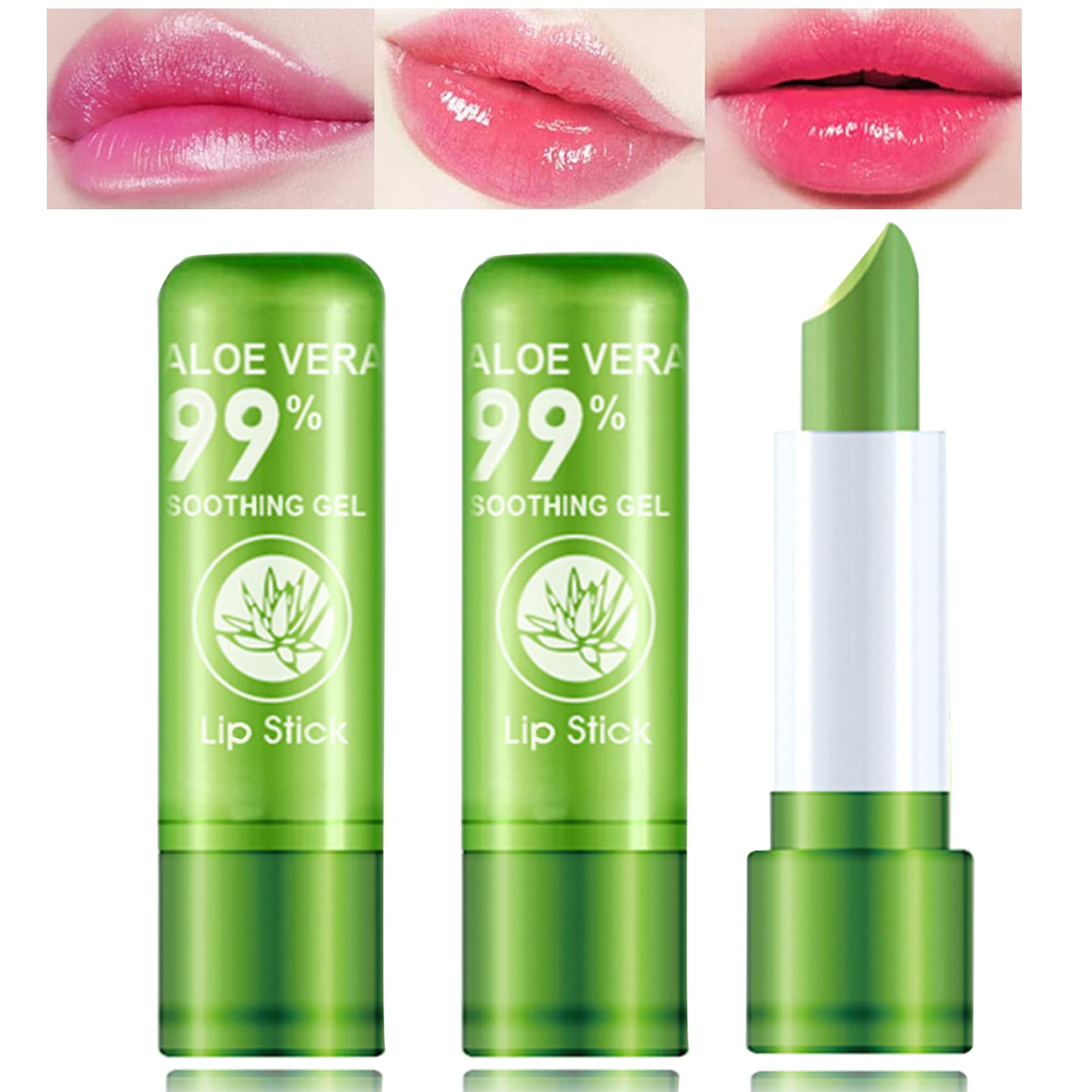 WYBLZPXZ 3 Pcs Aloe Vera Lipstick,Long Lasting Lip Care Nutritious Plumper Lip Balm Moisturizer Magic Temperature Color Change Lip Gloss