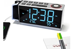 Projection Alarm Clock with FM Radio, Bluetooth, Temperature & Humidity Display, Dual Alarm, Snooze, USB Charging, Night Ligh