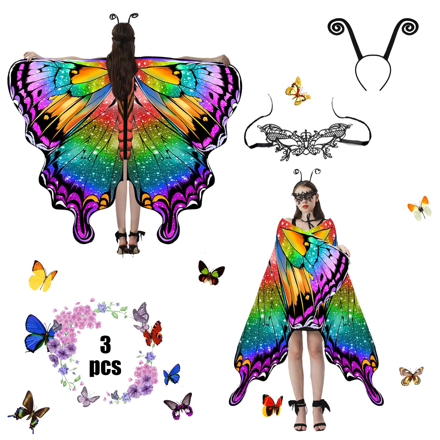 Jeackcelle Butterfly Costume Women's HalloweenCape, Fairy Wings Fancy Dress Butterfly Wings Ladies Carnival Costumes for Halloween Carnival Party Cosplay Dancing (Colorful)