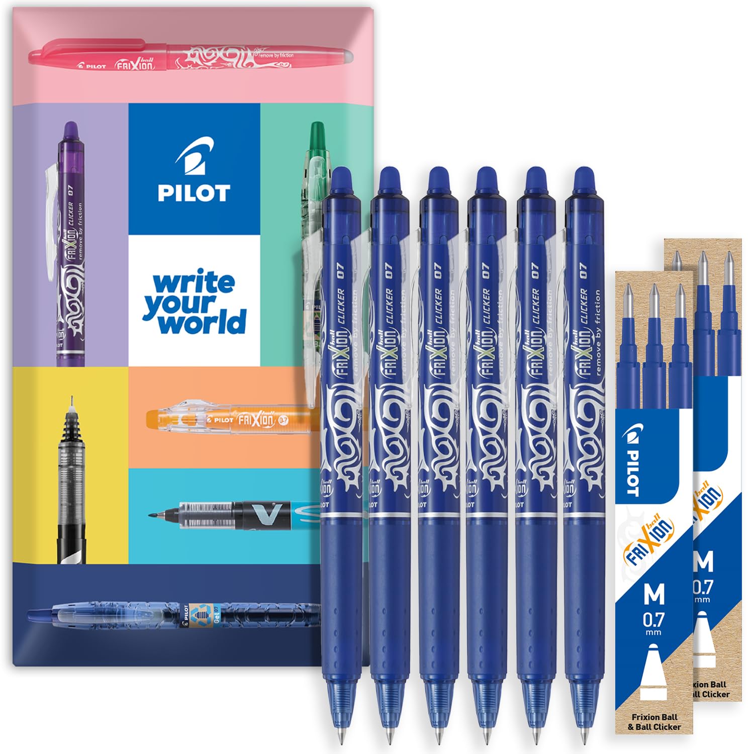 PILOT FriXion Clicker Fine Erasable Friction Rollerball Pen - Retractable Tip 0.7mm - Pack of 6 Pens + 6 Refills - Blue Ink - In Envelope Gift Packaging
