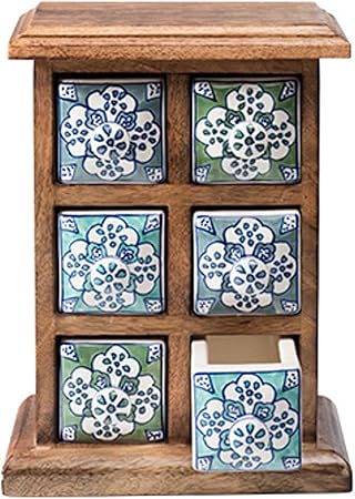 Indian Arts Handpainted Ceramic 6 Drawer Chest Blue Green Mango