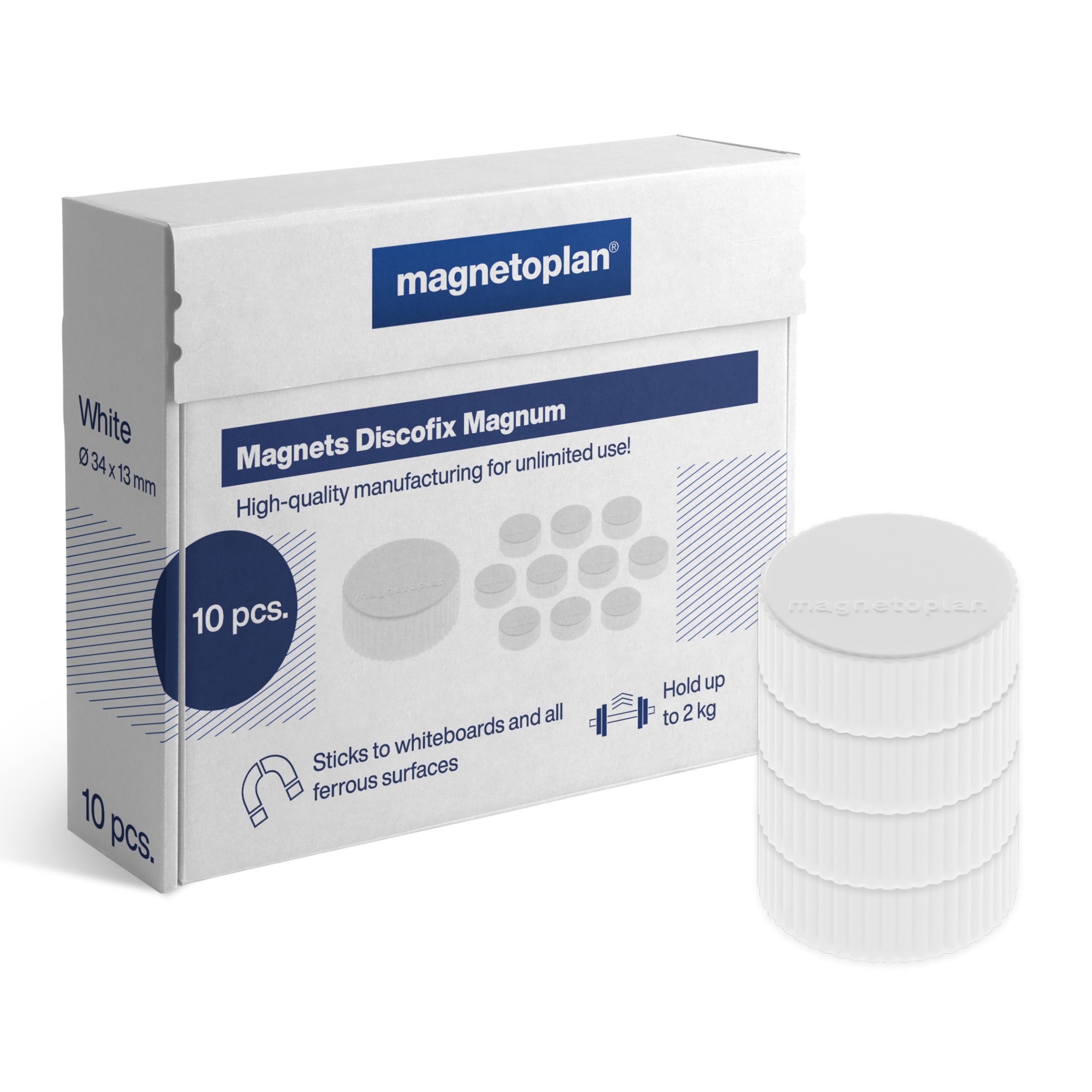 magnetoplan Premium Magnete Discofix magnum | ØxH 34x13mm | 10 Stück, weiß | Haftkraft: 2 kg | Magnete für Magnettafeln und Whiteboards | Kratzfreie Spezialbeschichtung | Leicht abnehmbar