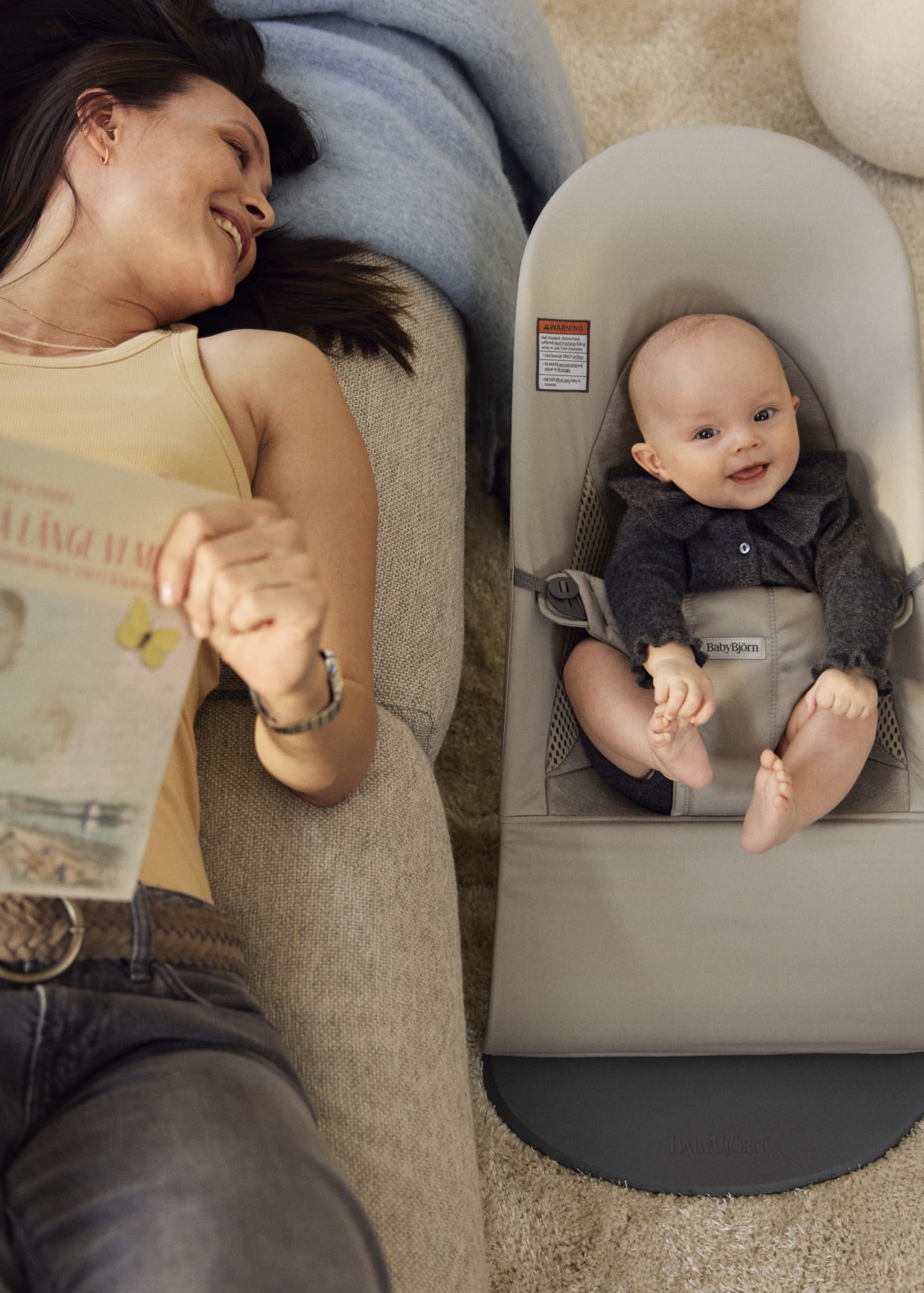 BabyBjörn Bouncer Balance Soft, Tri-Fabric, Sand Grey | 2-in-1 Adjustable Baby Bouncer Seat and Toddler Chair, Newborn to Toddler (8-29 lbs), 4 Positions, Lightweight & Portable