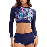JadeRich Women's Fashion Pattern Long Sleeve Tankini Sets UPF 50+ Rash Guard Swimsuit Sun Block Swimwear