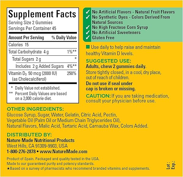 NATURE MADE VITAMIN D3 2000 IU PER SERVING GUMMIES, BONE, TEETH, MUSCLE AND IMMUNE HEALTH SUPPORT, 45 DAY SUPPLY, 90 VITAMIN D GUMMIES FOR ADULTS