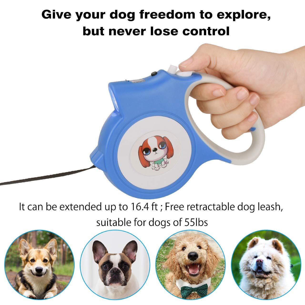 MOWIS Retractable Dog Leash 16.5ft/5m Dog Walking Leash with Anti-Slip Handle for Small Medium Dogs up to 55lbs/25kg, 360°Tangle Free, LED Light & Dog Waste Dispenser Bags included