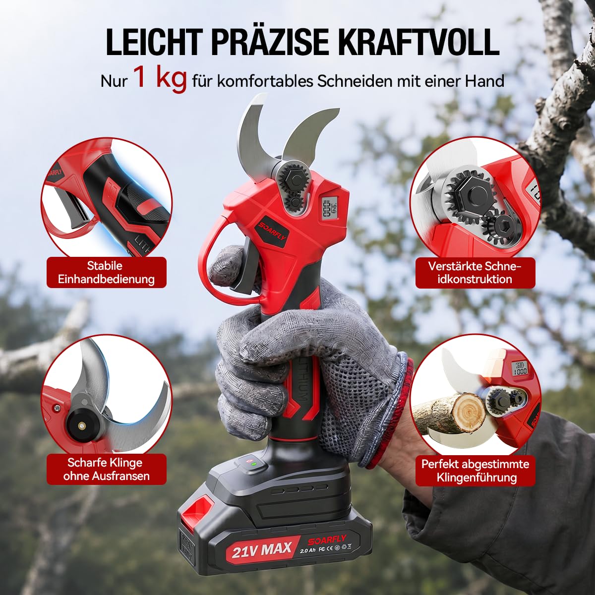 SOARFLY Akku Astschere, Akku Gartenschere mit 2x2000mAh Batterien, 35mm Maximaler Schnittdurchmesser, Brushless Motor mit LCD Display und Energiesparfunktion für Garten und Obstbäume (Rot) 8