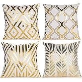 ZLINA Home Decorative Set of 4 Throw Pillow Covers Gold Foil Pillow Covers 18 ×18 Inch Geometric Square Cushion Covers Decor Couch Sofa Bedroom（White and Gold ）