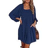 BTFBM Womens Long Sleeve Dress Vacation Square Neck Smocked Floral Swiss Dot Mini Boho Spring Wedding Guest Dresses 2026