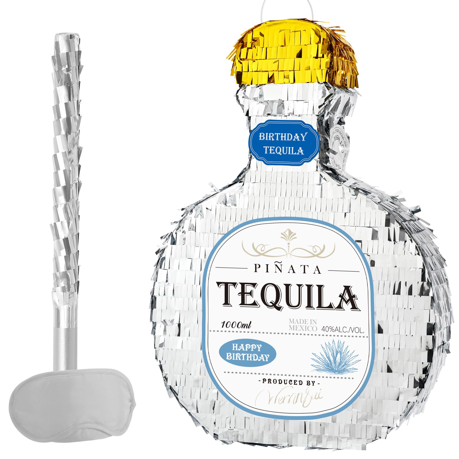 Photo 1 of WERNNSAI Tequila Bottle Pinata - Disco Party Decorations for Adults Silver Patron Tequila Pinata with Blindfold for Bachelor Birthday Party Supplies 11.7” x 16.5”