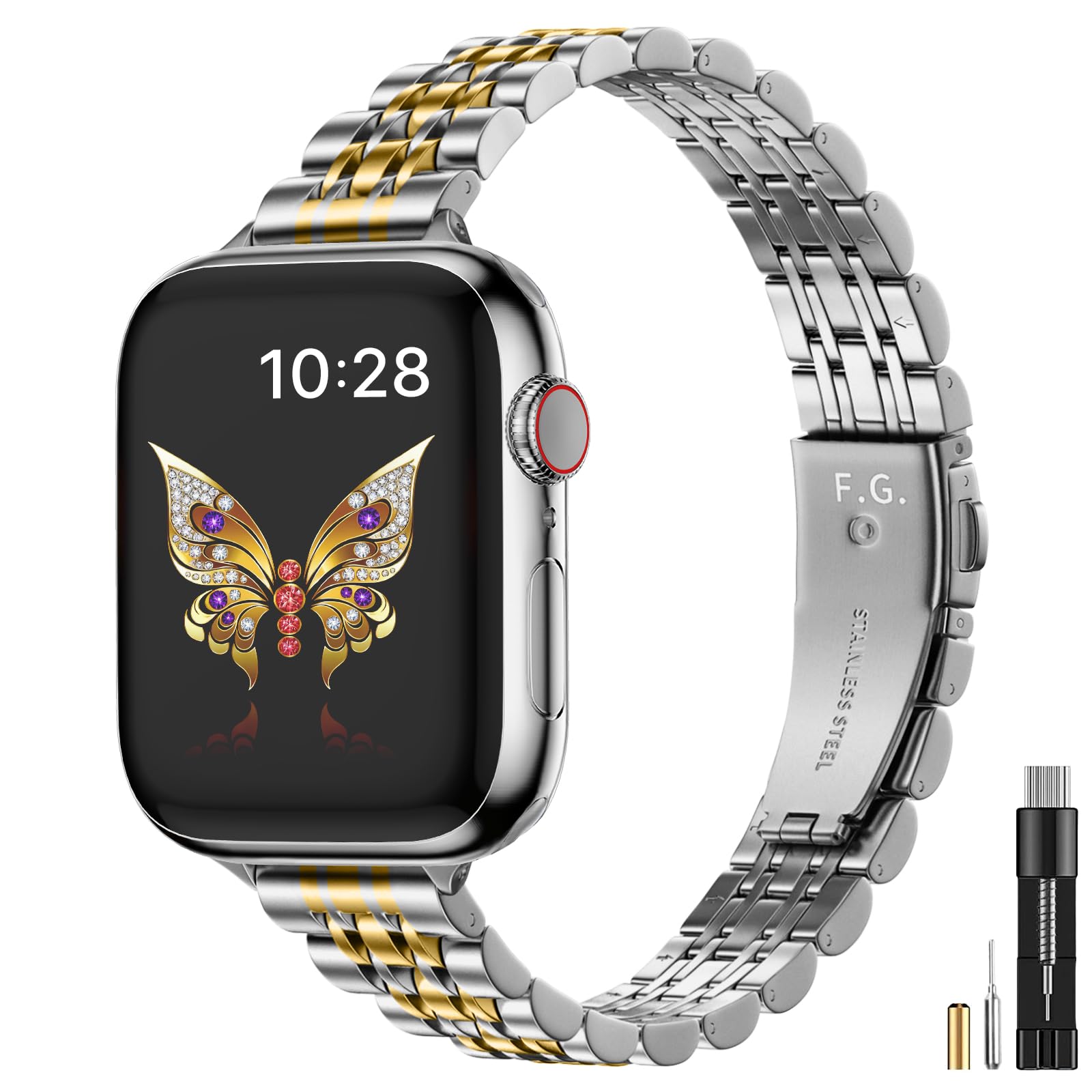 Fullmosa Slim Metal Straps Compatible with Apple Watch Straps 46mm 45mm 44mm 42mm 49mm for Women, Stainless Steel Thin iWatch Bands for Ultra SE 3 2 1/Series 11 10 9 8 7 6 5 4 3 2 1, Silver & Gold