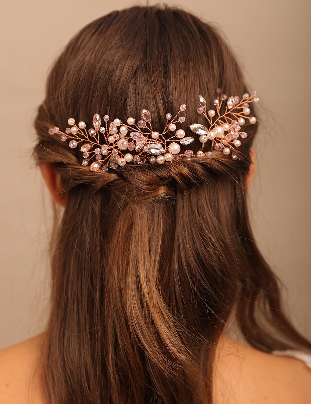 BERYUAN Pearls Rhinestone Beads Wedding Hair Pins Rose Gold Wedding Headband Pink Beads Pearls Bridal Headband Rose Gold Wedding Hair Accessories for Bride Bridesmaird Girls