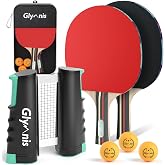 Glymnis Ping Pong Paddle Set, Table Tennis Set with Retractable Net, Balls | 7-Ply Wood, 3-Star Ball, Flared Handle, Storage Case, For Indoor Outdoor School Family Games and Table Tennis Club
