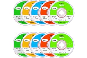 DaFuRui Solder Wick，10 Pack No-Clean Soldering Wick Braid Desoldering Wick Braid With Flux（1.5mm/2mm/2.5mm/3mm/3.5mm Width 5Ft/1.5mm Length)
