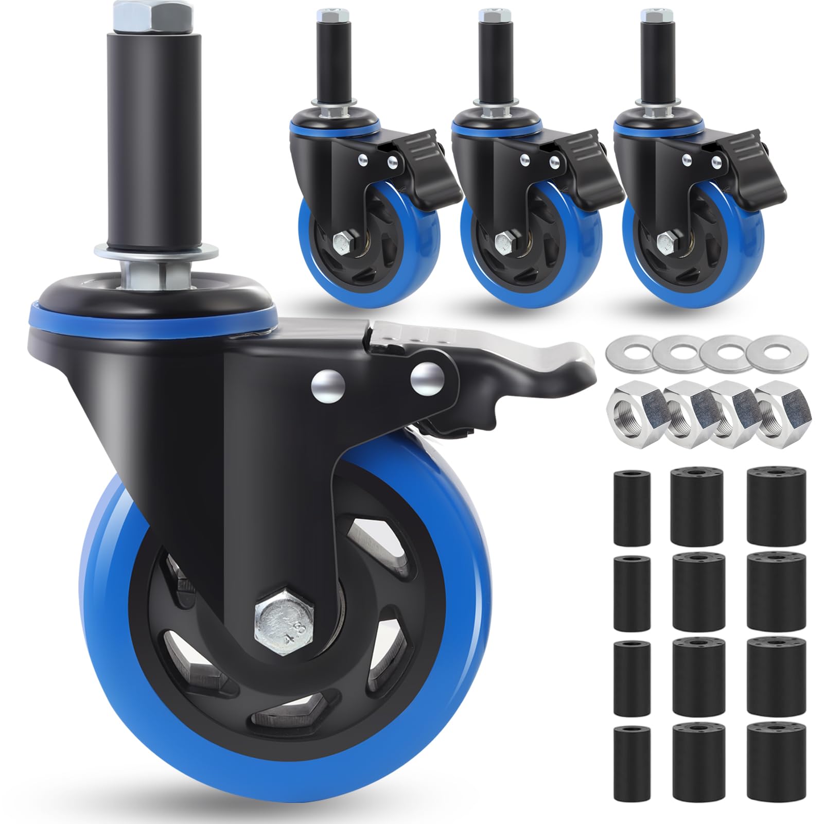 Photo 1 of **DAMAGED** Enyke 4 Inch Prep Table Cater Wheels Set of 4, Threaded Swivel Expanding Stem Casters with Brake Fit 7/8", 1", 1-1/2", or 1-5/8" ID Tube Leg for Stainless Steel Table, Cart