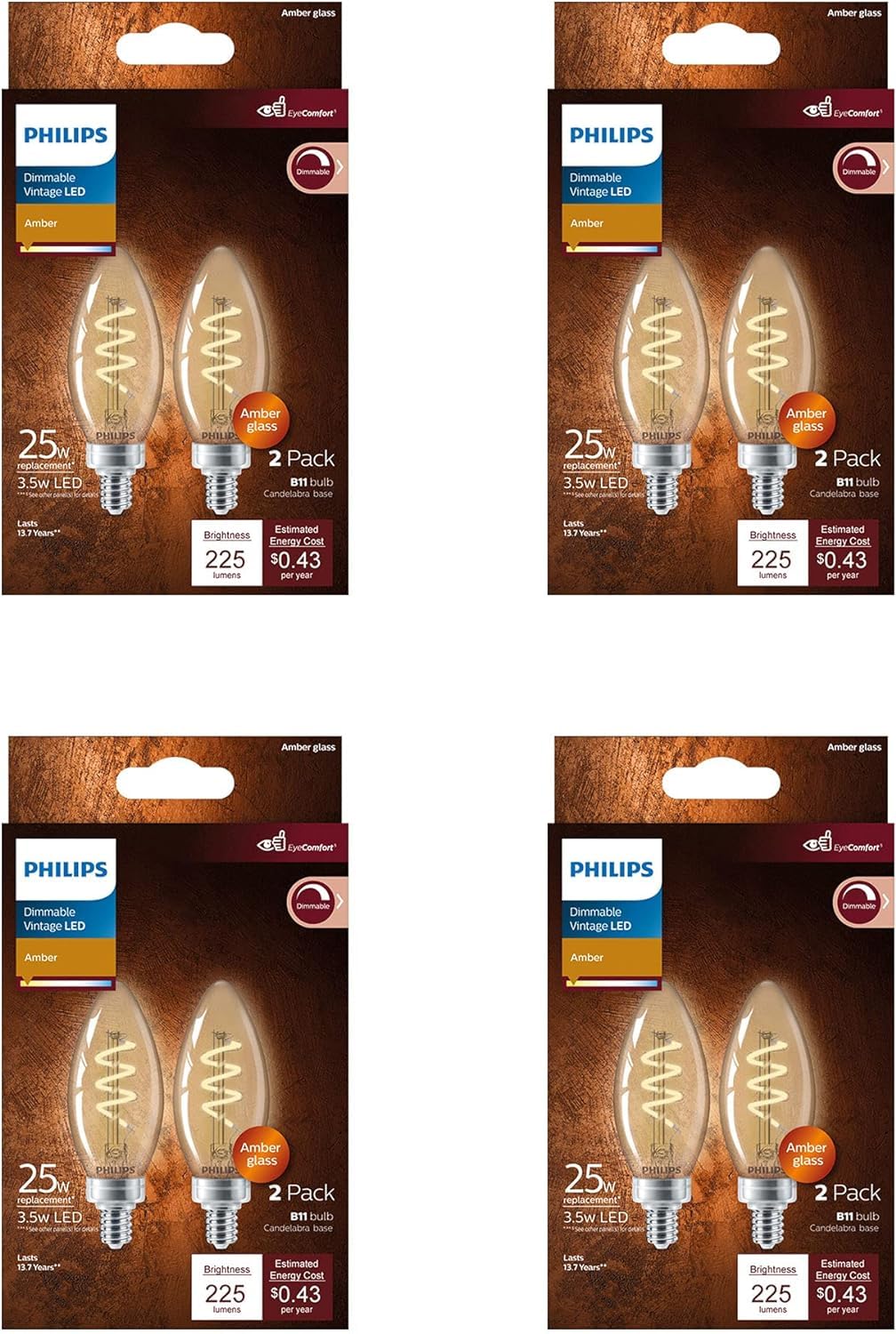 Photo 1 of Philips LED 25W B11 8-Pack Vintage Edison Spiral Amber (2000K) 225 Lumen (3.5W = 25W) Dimmable Flicker-Free Candelabra Light Bulbs