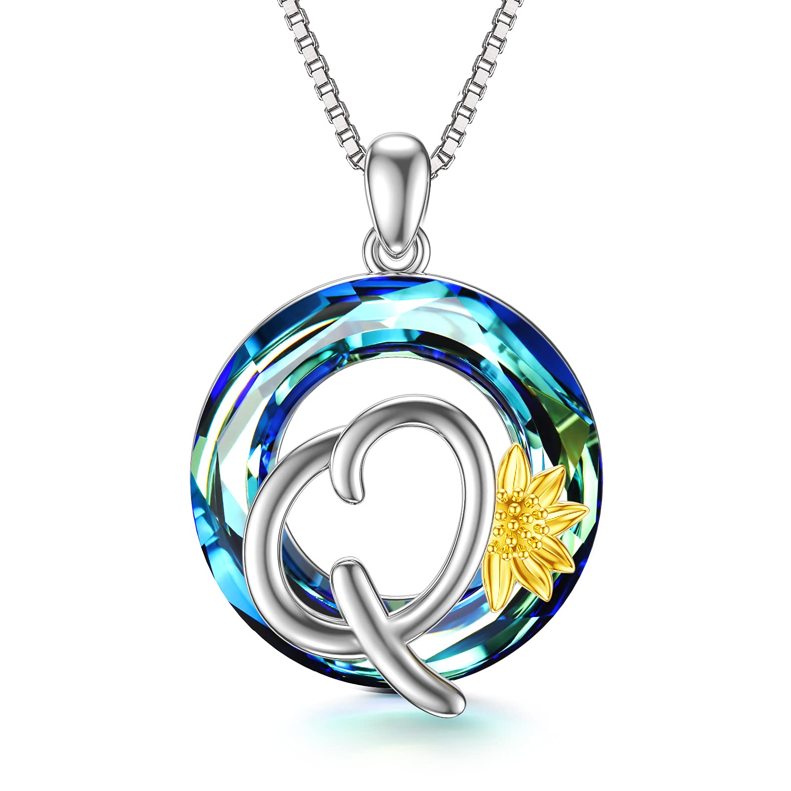 Midir&Etain Sunflower Initial Necklace 925 Sterling Silver Letter Q Pendant Name Necklace Crystal Alphabet Personalised Jewellery Gifts for Women Teenage Girls
