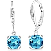 Gem Stone King Drop Dangle Earrings For Women | 7MM Cushion Cut Gemstone Birthstone and White Diamond | 925 Sterling Silver | Fine Jewelry Gifts for Her Mom Women Wife