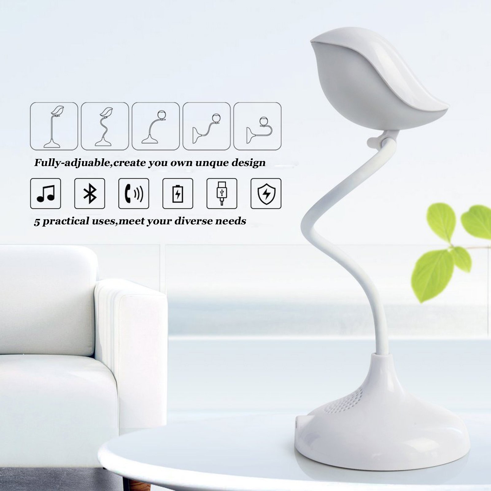 Songbird Reading Table Lamp with Wireless Bluetooth Speaker Touch Dimmable 3-Level Adjustable Brightness Flexible Gooseneck Bedside Lamp Eye-care LED Light with Lithium Battery USB Charge Portable (Warm White)
