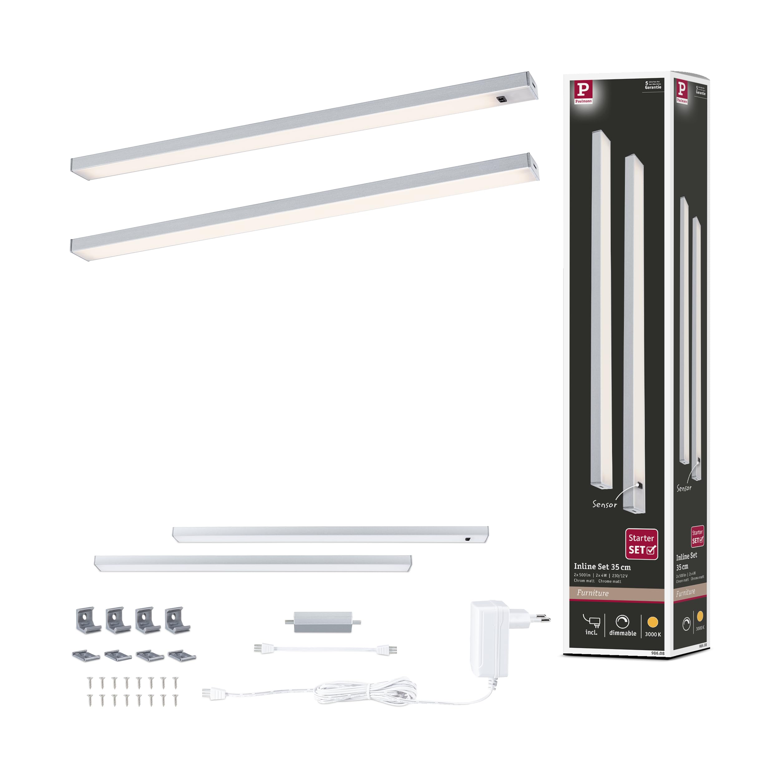 Paulmann 98608 LED Under-Cabinet luminaire Inline 2-Piece Set 2x4W 350x26mm 2x350lm 24V Chrome matt 3000K dimmable