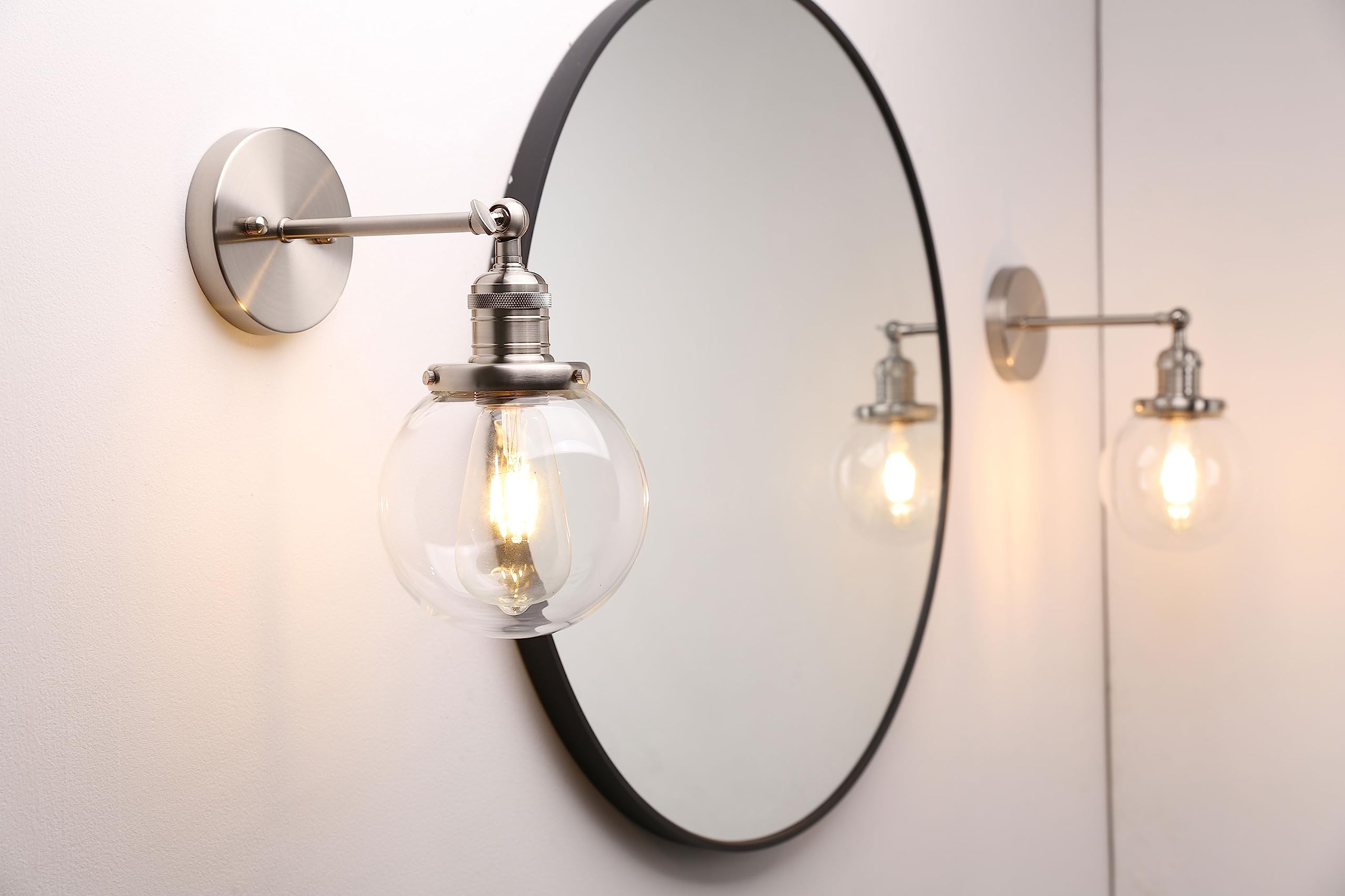 Phansthy Industrial Wall Lights Vintage Wall Sconces with Clear Globe Glass Shade Wall Lamp Suitable for Hallway Living Room Kitchen Dining Room Bedroom Vanity Mirror (Brushed)