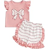 KtwHarnu Toddler Baby Girl Summer Clothes Baseball/Soccer Bow Outfit Ruffle Sleeveless T-Shirt Top Shorts 2Piece Set