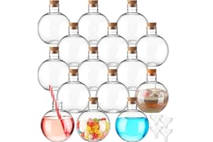 Jinei 15 Pcs 6 oz Spherical Plastic Potion Bottles Ball Shape Sand Art Bottles with Funnel Christmas Cocktail Ornament Balls Candy Jar for DIY Wedding Party Crafts Decoration(Wood Color, Cork)
