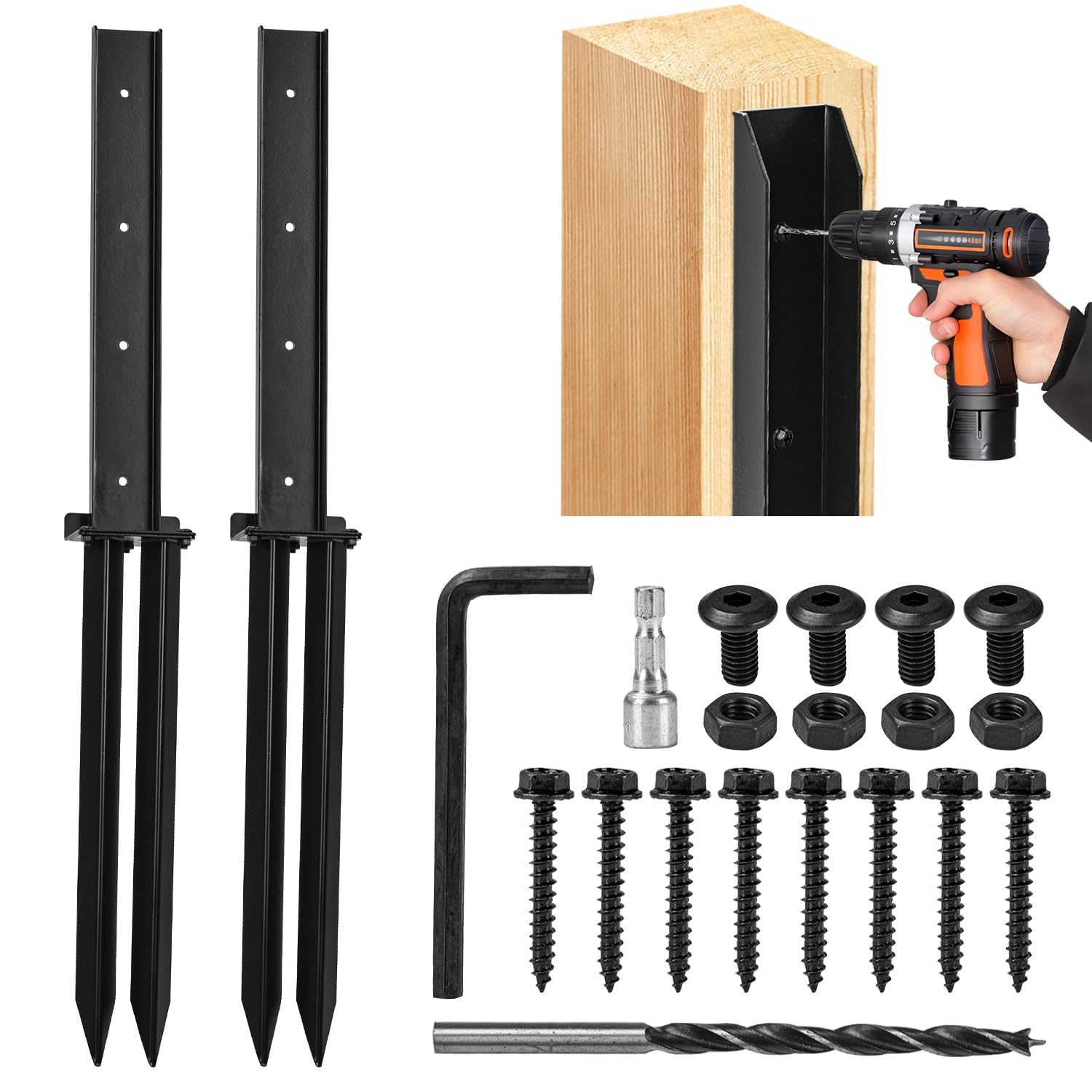 17 inch Fence Post Anchor Kit, LAVANE 2-Pack Heavy Duty Steel Fence Post Repair Stakes, Fence Post Anchor Ground Spike for Repairing Tilted Broken Wooden Fence Post Black